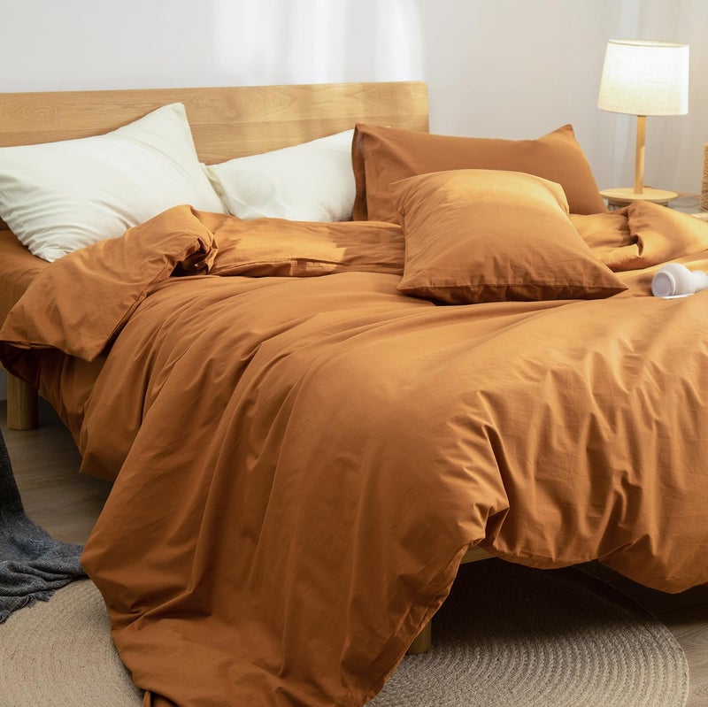 DONEUS 100% Washed Cotton Duvet Cover Set Super Soft Breathable Comfy Natural Linen Like Textured Bedding Set 3 Pieces with Zipper Closure (Burnt Orange, Twin) - Image 2